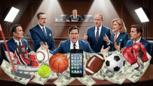 Lawyers in court with cell phone sports betting app featuring a hockey stick and ice skates, baseball, tennis ball, basketball, football, soccer ball, and MMA boxing gloves, all on a hundred dollar bill cash pile.