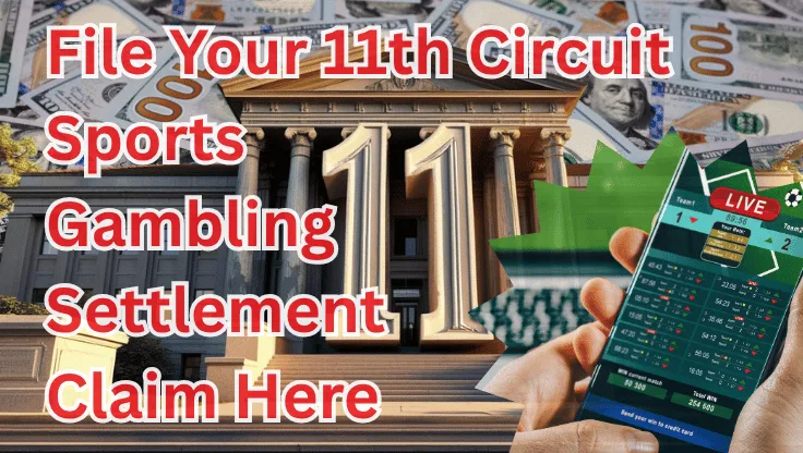 File Your 11th Circuit Sports Gambling Settlement Claim Here text on depiction of Eleventh Circuit court with FanDuel/DraftKings app and high value cash backdrop.