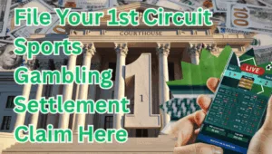 File Your 1st Circuit Sports Gambling Settlement Claim Here text on depiction of First Circuit court with FanDuel/DraftKings app and high value cash backdrop.