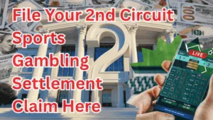 File Your 2nd Circuit Sports Gambling Settlement Claim Here text on depiction of Second Circuit court with FanDuel/DraftKings app and high value cash backdrop.