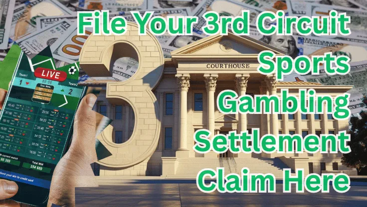 File Your 3rd Circuit Sports Gambling Settlement Claim Here text on depiction of Third Circuit court with FanDuel/DraftKings app and high value cash backdrop.