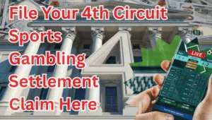 File Your 4th Circuit Sports Gambling Settlement Claim Here text on depiction of Fourth Circuit court with FanDuel/DraftKings app and high value cash backdrop.