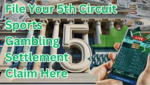 File Your 5th Circuit Sports Gambling Settlement Claim Here text on depiction of Fifth Circuit court with FanDuel/DraftKings app and high value cash backdrop.