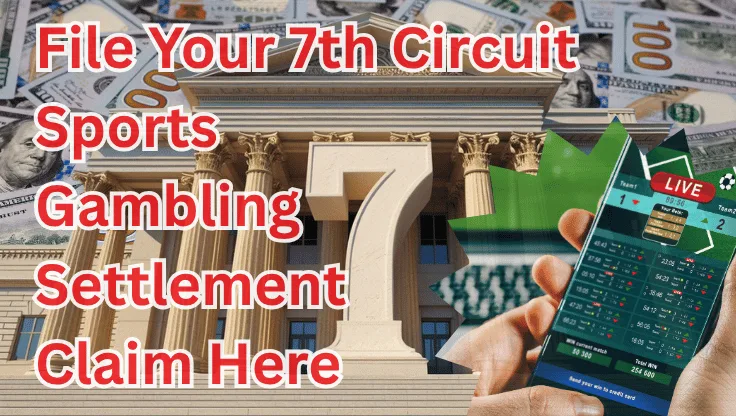 File Your 7th Circuit Sports Gambling Settlement Claim Here text on depiction of Seventh Circuit court with FanDuel/DraftKings app and high value cash backdrop.