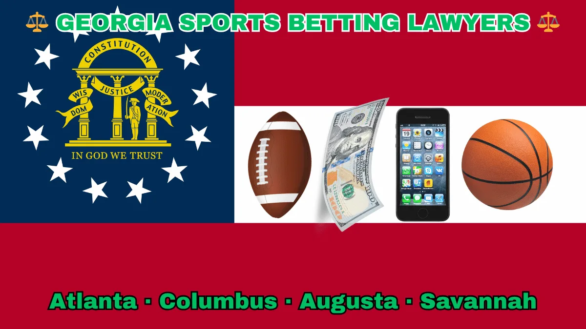 GEORGIA SPORTS BETTING LAWYERS: Atlanta, Columbus, Augusta, and Savannah text on GA state flag adorned with basketball, football, and money depicted near a gold arch on blue canton with three pillars and 13 white stars, next to three thick red and white stripes.