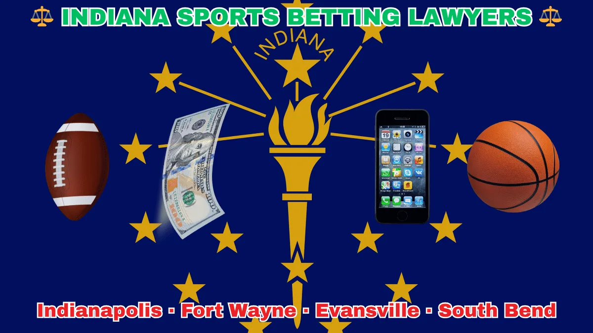 INDIANA SPORTS BETTING LAWYERS: Indianapolis, Fort Wayne, Evansville, and South Bend text on IN state flag adorned with basketball, football, smartphone apps and money depicted near a gold torch and stars.