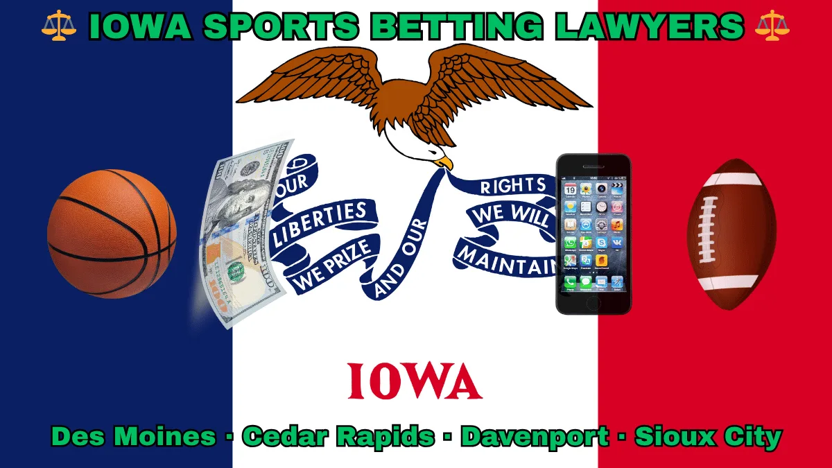IOWA SPORTS BETTING LAWYERS: Boise, Meridian, Idaho Falls, Coeur d'Alene text on IA state flag adorned with basketball, football, smartphone apps and money depicted along blue, white, and red vertical stripes near an eagle and banner