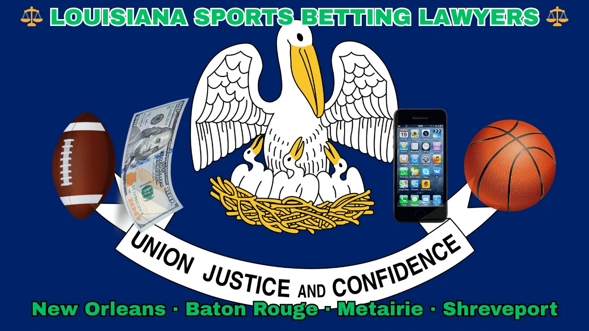 LOUISIANA SPORTS BETTING LAWYERS: New Orleans, Baton Rouge, Metairie, and Shreveport text on LA state flag adorned with a basketball, football, smartphone apps and money depicted near a pelican feeding chicks with motto “UNION, JUSTICE, CONFIDENCE"