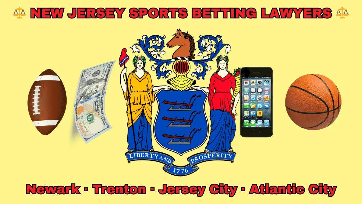 NEW JERSEY SPORTS BETTING LAWYERS: Newark, Trenton, Jersey City, and Atlantic City text on NJ state flag adorned with a basketball, football, smartphone apps and money depicted near a shield with three plows, the goddesses Liberty and Ceres, and a horse head.