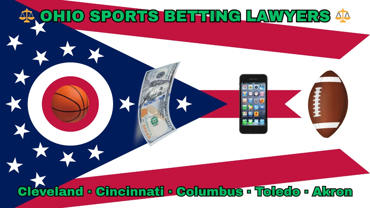 OHIO SPORTS BETTING LAWYERS: Cleveland, Cincinnati, Columbus, Toledo, and Akron text on OH state flag adorned with a basketball, football, smartphone apps and money depicted near a triangular swallowtail with red, white, and blue stripes and stars.