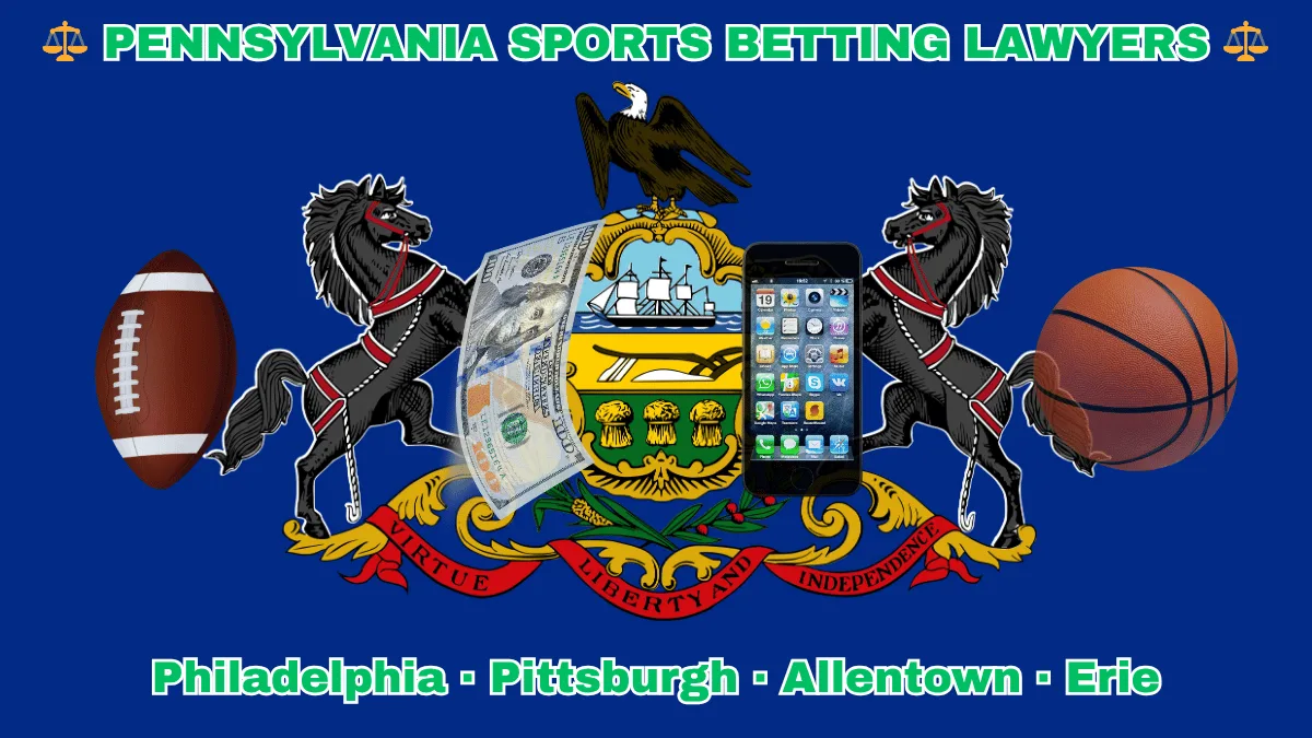 PENNSYLVANIA SPORTS BETTING LAWYERS: Philadelphia, Pittsburgh, Allentown, and Erie text on PA state flag adorned with a basketball, football, smartphone app and money depicted near horses and an eagle flanking a shield featuring a ship, plow, and sheaves of wheat.