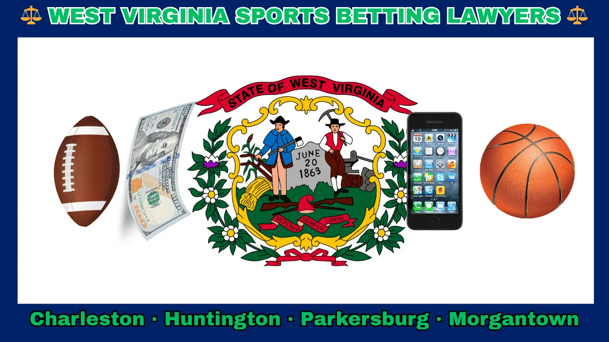 WEST VIRGINIA SPORTS BETTING LAWYERS: Charleston, Huntington, Parkersburg, and Morgantown text on WV state flag adorned with a basketball, football, smartphone apps and money depicted on a white field with blue border near the official seal encircled by rhododendrons
