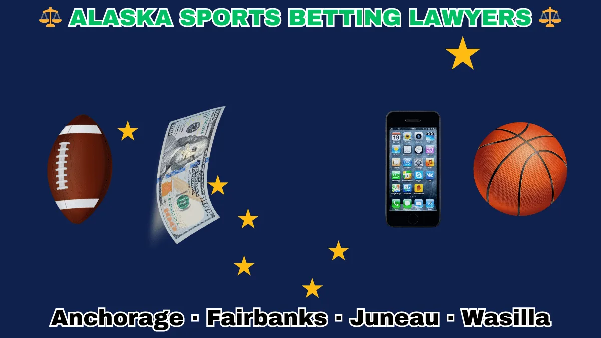 ALASKA SPORTS BETTING LAWYERS: Anchorage, Fairbanks, Juneau, and Wasilla text on AK state flag adorned with a basketball, football, money, and cell phone depicted on a blue field near the Big Dipper and North Star.
