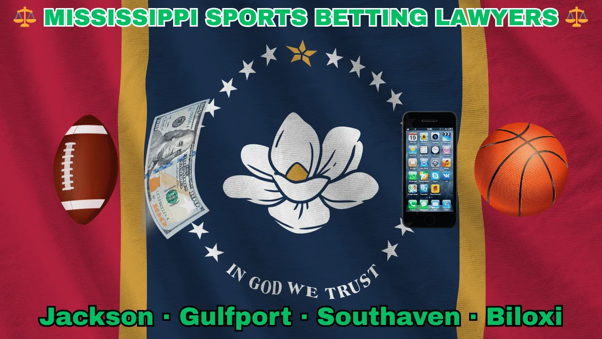 MISSISSIPPI SPORTS BETTING LAWYERS: Jackson, Gulfport, Southaven, and Biloxi text on MS state flag adorned with a basketball, football, money, and cell phone depicted along red, gold, and blue stripes near magnolia blossom and stars