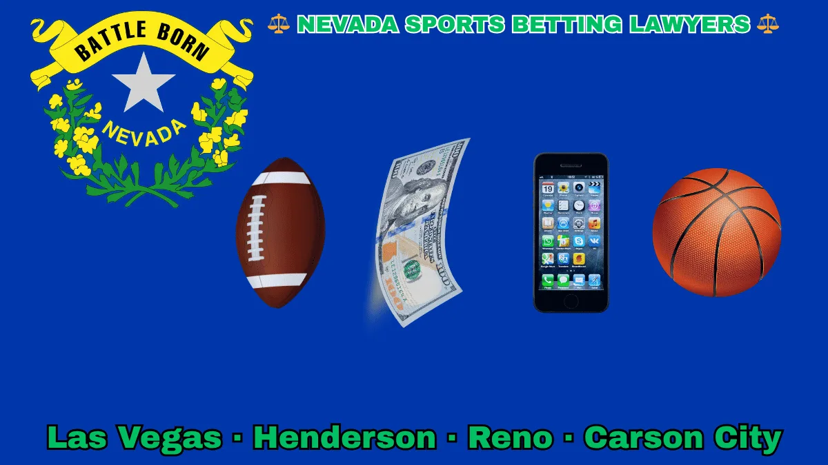 NEVADA SPORTS BETTING LAWYERS: Las Vegas, Henderson, Reno, and Carson City text on NV state flag adorned with a basketball, football, money, and cell phone depicted on a blue field near a silver star and “BATTLE BORN” motto