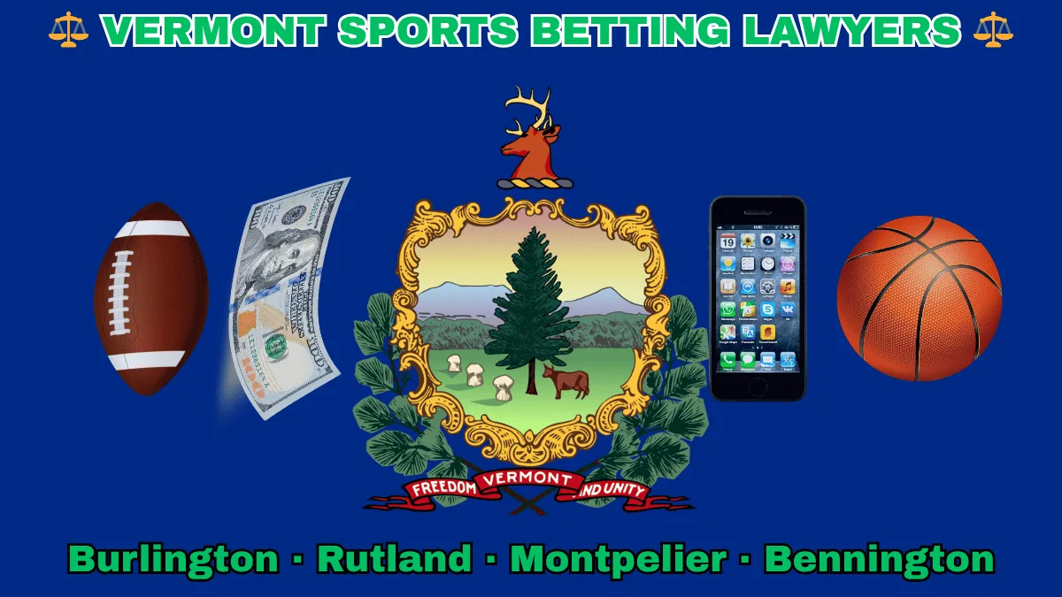 VERMONT SPORTS BETTING LAWYERS: Burlington, Rutland, Montpelier, and Bennington text on VT state flag adorned with a basketball, football, money, and cell phone depicted on a blue field near the official coat of arms featuring a pine tree and cow