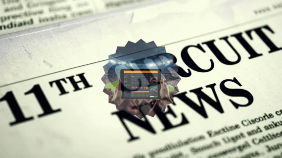 11th Circuit Sports Betting News headline featuring FanDuel/DraftKings app on a tablet device in a football stadium