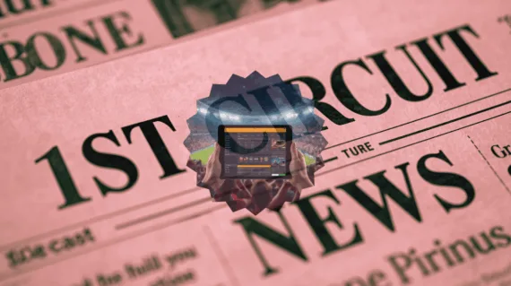 1st Circuit Sports Betting News headline featuring FanDuel/DraftKings app on a tablet device in a football stadium