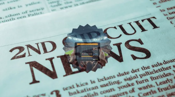 2nd Circuit Sports Betting News headline featuring FanDuel/DraftKings app on a tablet device in a football stadium