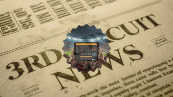 3rd Circuit Sports Betting News headline featuring FanDuel/DraftKings app on a tablet device in a football stadium