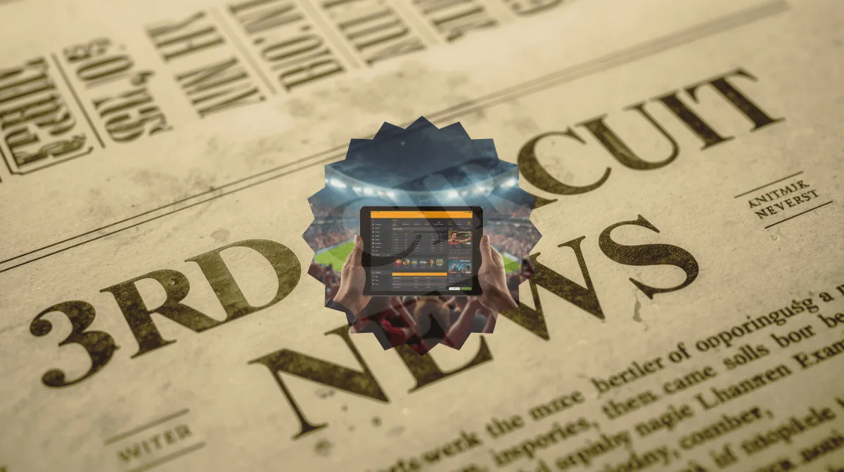 3rd Circuit Sports Betting News headline featuring FanDuel/DraftKings app on a tablet device in a football stadium