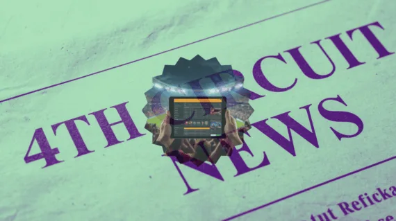 4th Circuit Sports Betting News headline featuring FanDuel/DraftKings app on a tablet device in a football stadium