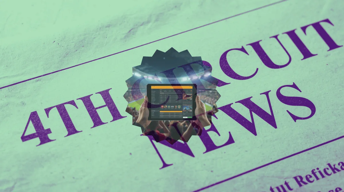 4th Circuit Sports Betting News headline featuring FanDuel/DraftKings app on a tablet device in a football stadium