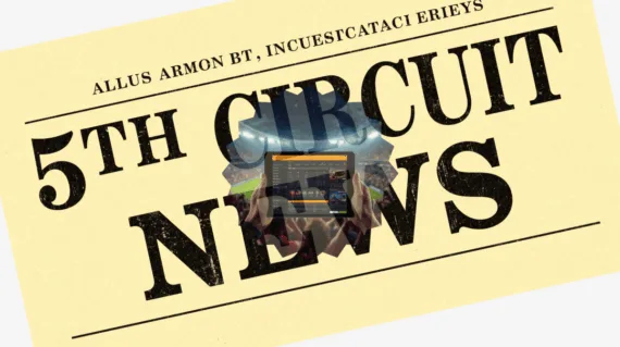 5th Circuit Sports Betting News headline featuring FanDuel/DraftKings app on a tablet device in a football stadium