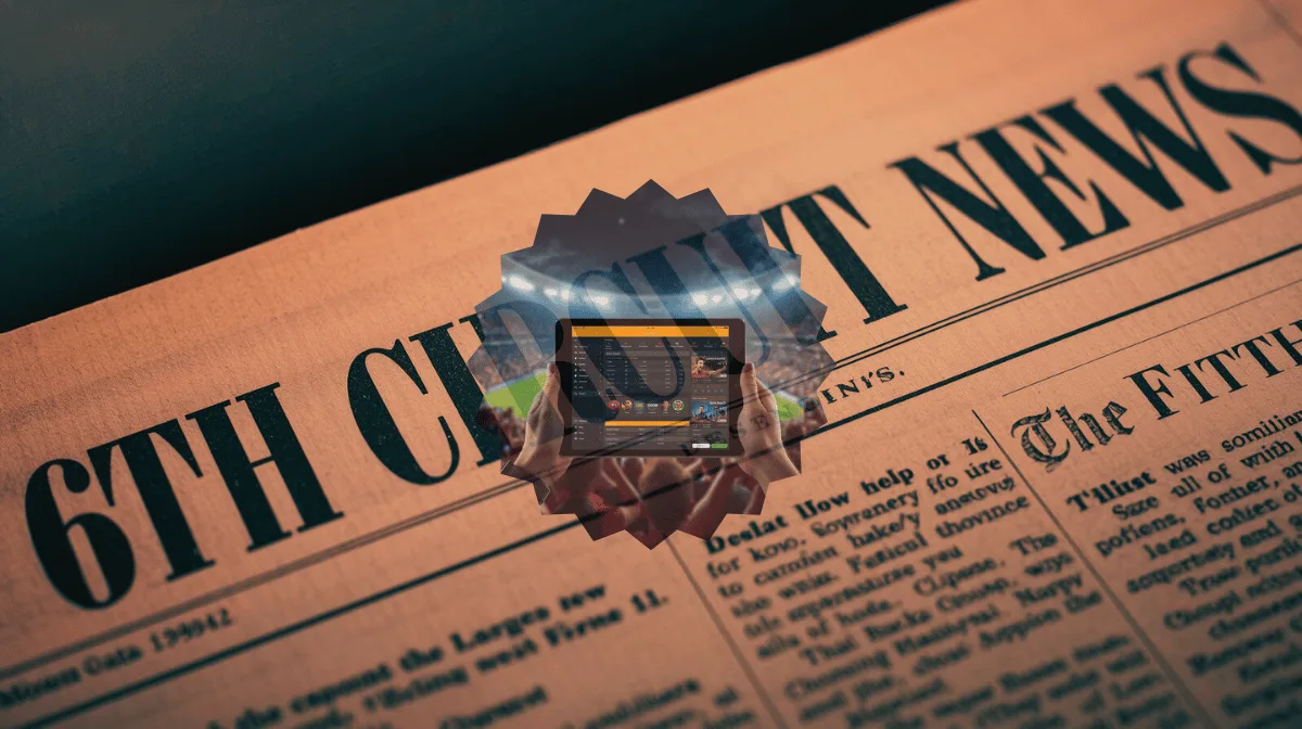 6th Circuit Sports Betting News headline featuring FanDuel/DraftKings app on a tablet device in a football stadium