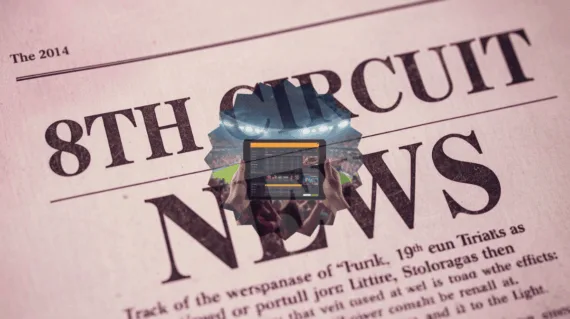 8th Circuit Sports Betting News headline featuring FanDuel/DraftKings app on a tablet device in a football stadium