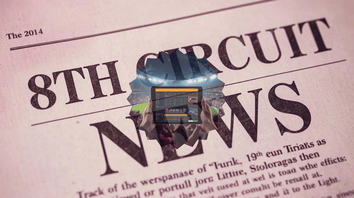 8th Circuit Sports Betting News headline featuring FanDuel/DraftKings app on a tablet device in a football stadium