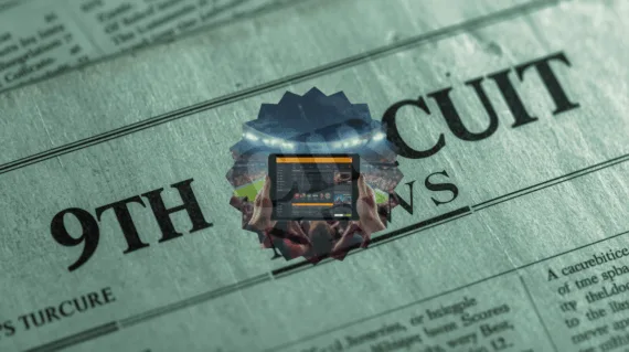 9th Circuit Sports Betting News headline featuring FanDuel/DraftKings app on a tablet device in a football stadium