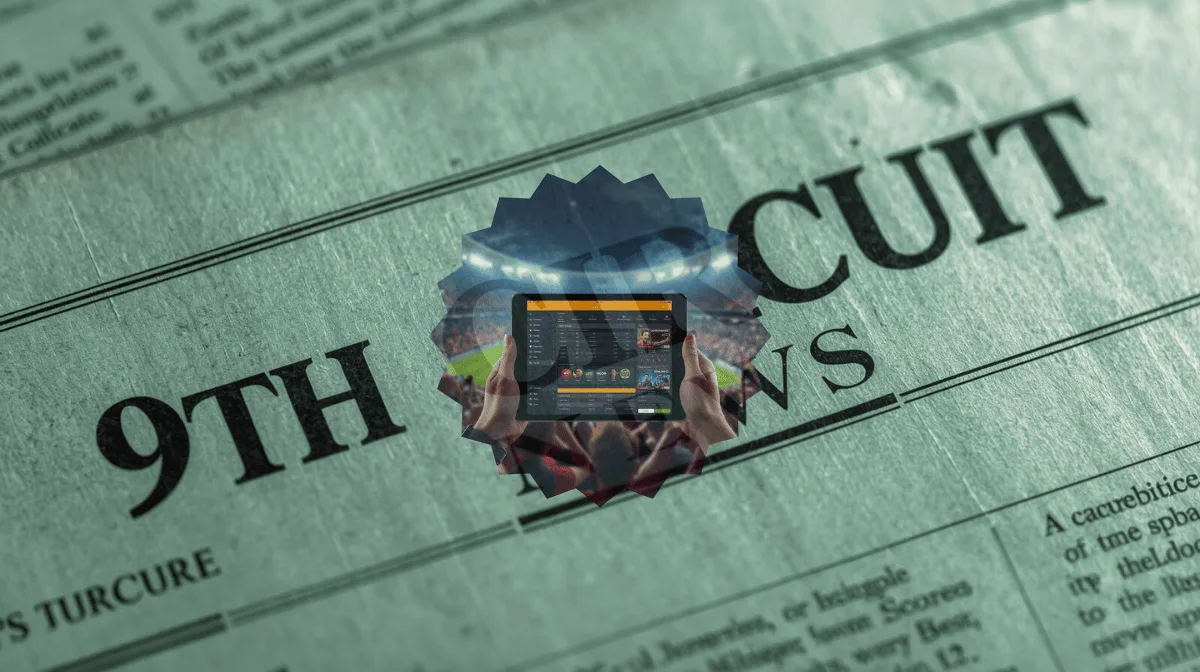 9th Circuit Sports Betting News headline featuring FanDuel/DraftKings app on a tablet device in a football stadium